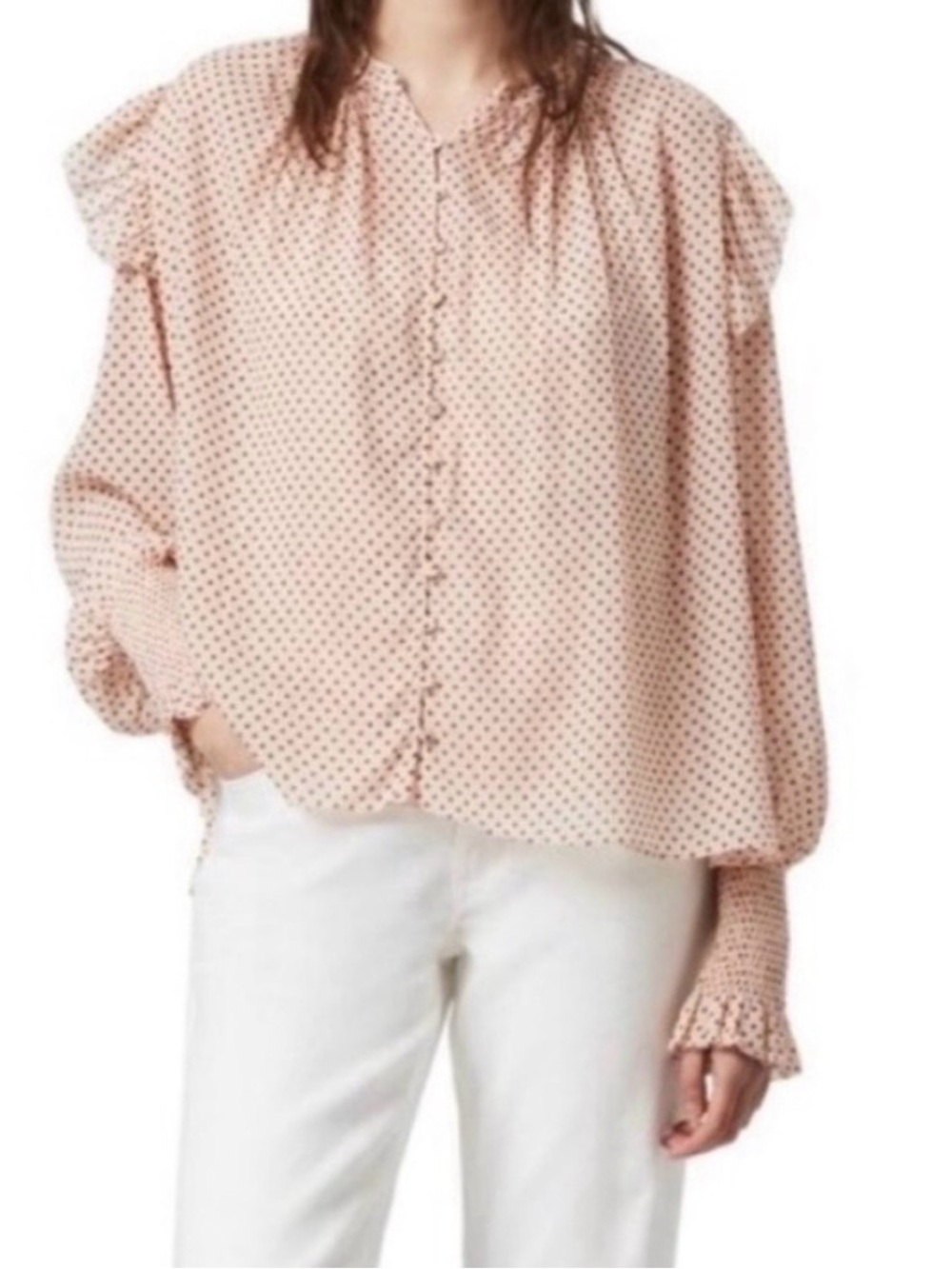All Saints Lara Blush Pink Polka Dot Ruffle-Shoulder Blouse 6